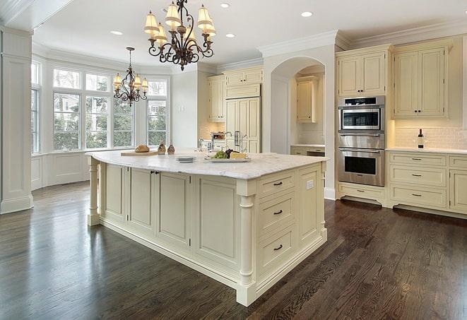 newly installed grey laminate floors in modern kitchen in Hillsborough, CA